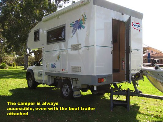 Ozcape Campers Slide-On rear entry access with boat attached